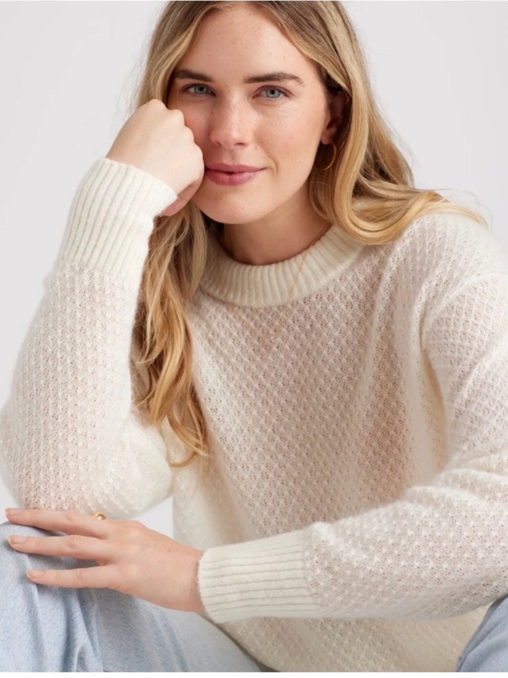 Quince Baby Alpaca-Wool Diamond Stitch Cream Soft‎ Minimalist Sweater size XS